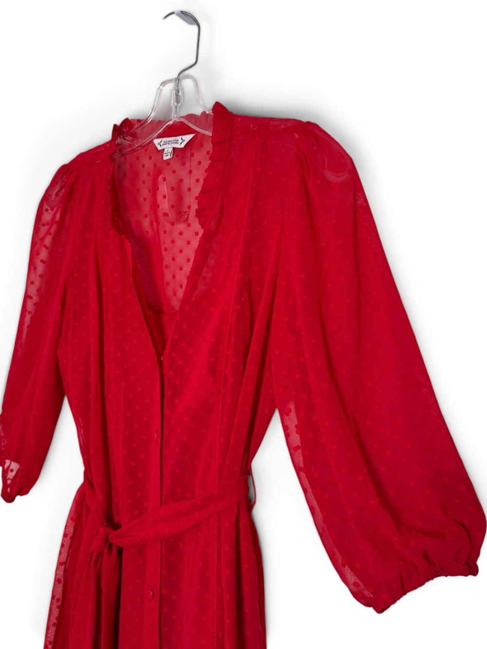 Nanette Lepore Red Swiss Dot Sheer Sleeve Belted Dress Size 6 Romantic Coquette - Picture 3 of 10